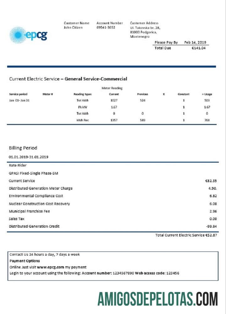 realista Modelo de conta de serviços públicos de eletricidade de Montenegro Elektroprivreda Crne Gore (EPCG) em formato Word e PDF